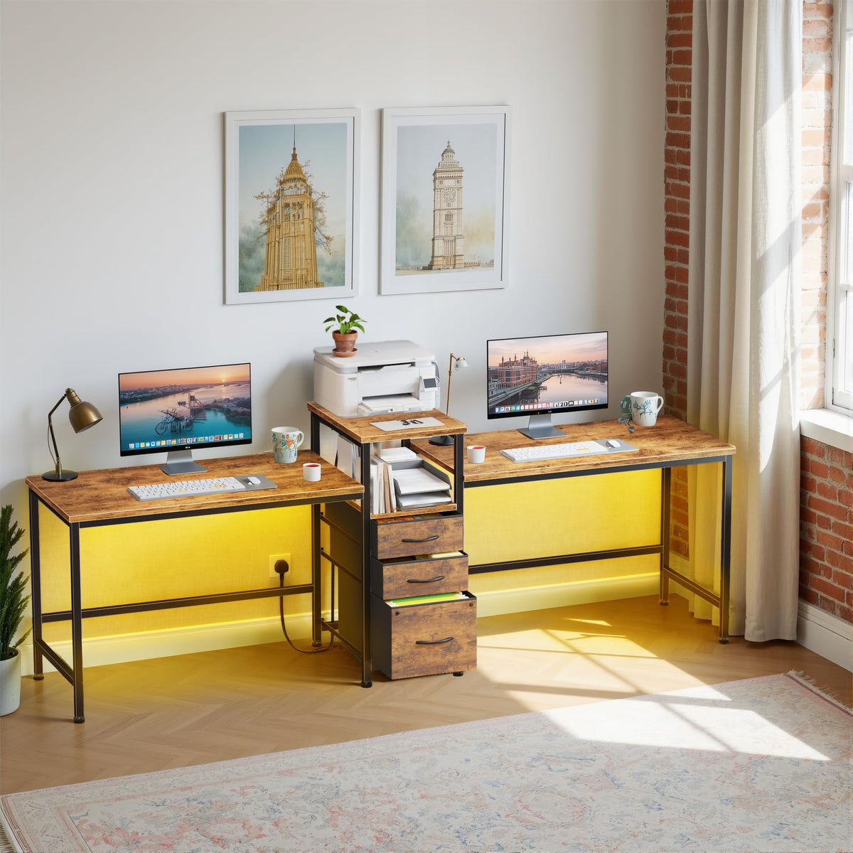 OYRREU 236cm Double Desk with Charging Station, LED & Drawers for 2 Person