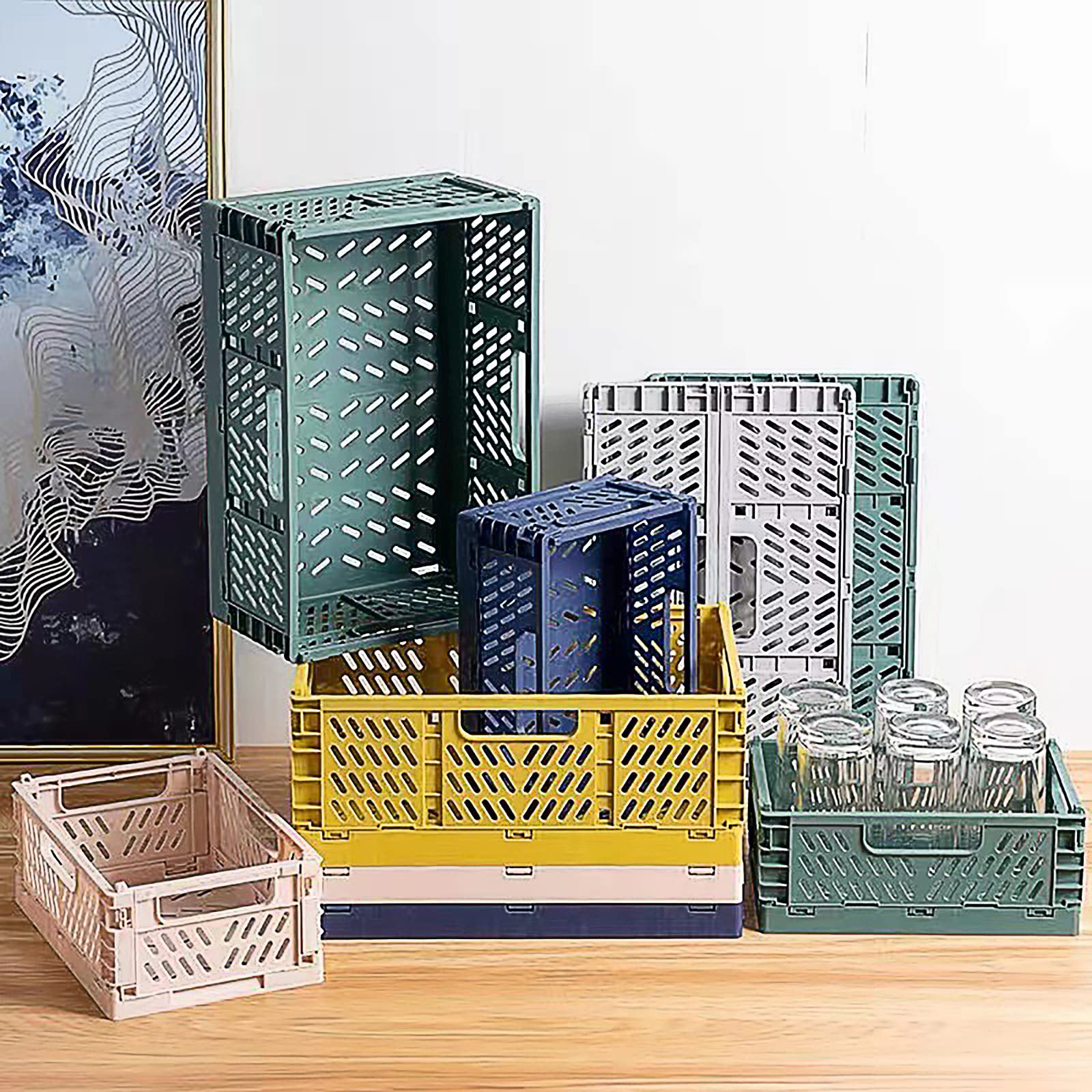 Spesh 2 Pcs Collapsible Storage Boxes Stackable Storage Baskets Folding Plastic Crates Foldable Crate Bins with Handles for Desk,Shelf,Cupboard