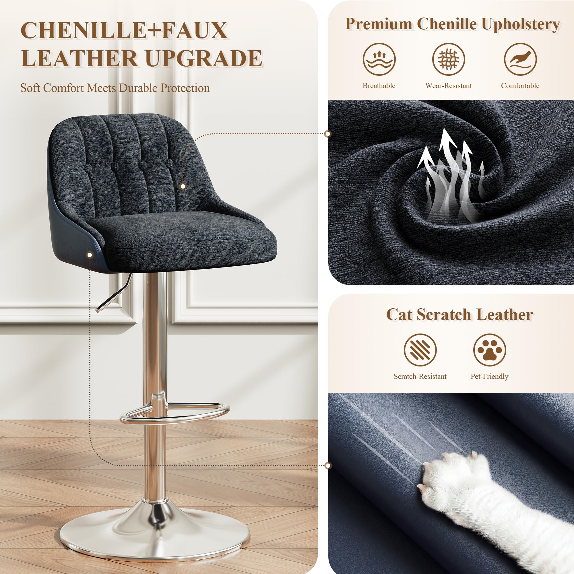 Adjustable Bar Stools Set of 4, Swivel Counter Stools with Backrest, Chenille & Faux Leather Upholstered Bar Chairs