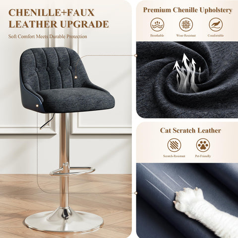Adjustable Bar Stools Set of 4, Swivel Counter Stools with Backrest, Chenille & Faux Leather Upholstered Bar Chairs