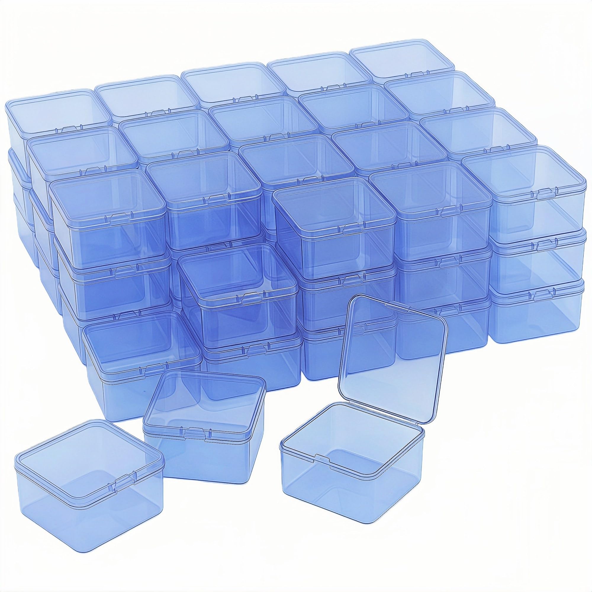 LJY 60 Pack Small Blue Plastic Boxes with Hinged Lid 6.5 x 6.5 x 3.5 cm
