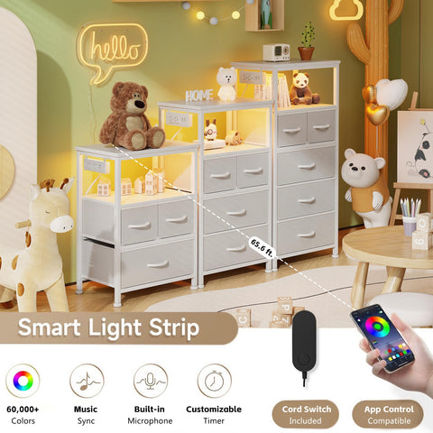 Flrrtenv Bedside Table with Charging Station, 4 Drawers Bedside Cabinet for Bedroom, LED Nightstand with Storage Shelf