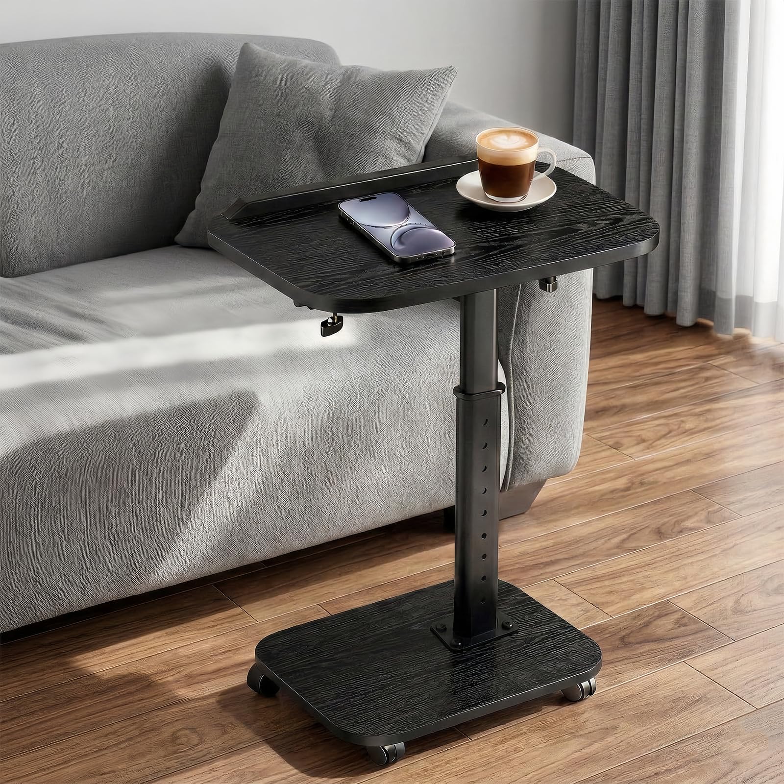 Lubeau Adjustable Side Table with Wheels, C Shaped Side Table Adjustable Height 180° Flip-Over Panel Design, End Table with Phone/Tablet Slot