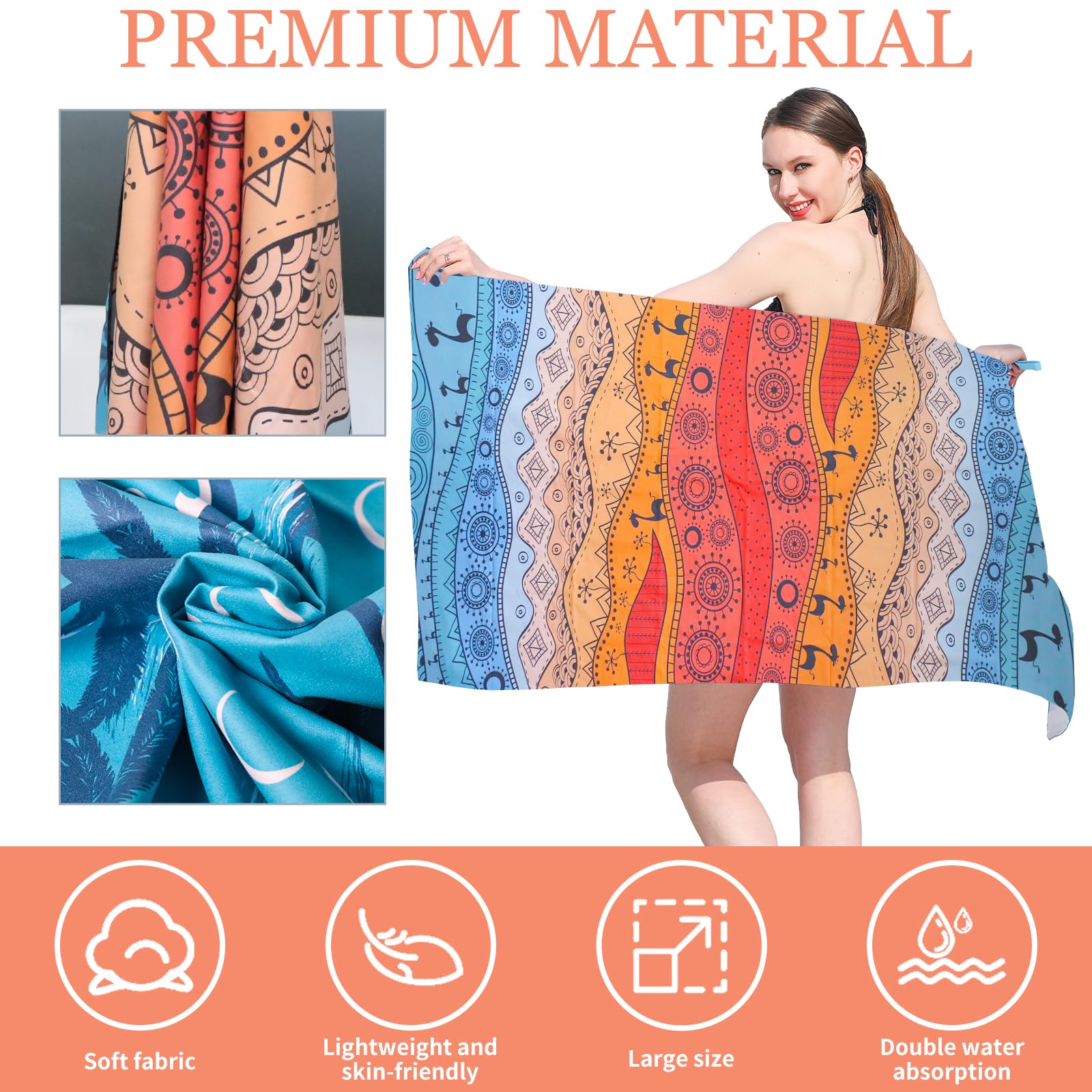 TMEOG Microfibre Beach Towels 180x80cm Extra Large Sand Free Beach Towel for Adults Compact Thin Travel Towel Women Men Lightweight Swim Pool Yoga