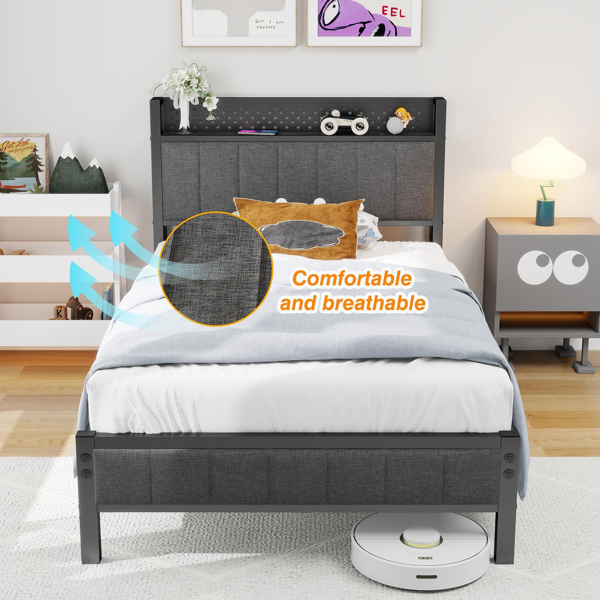 MOFLUT Single Bed Frame with Storage Headboard Shelf, No Box Spring Needed