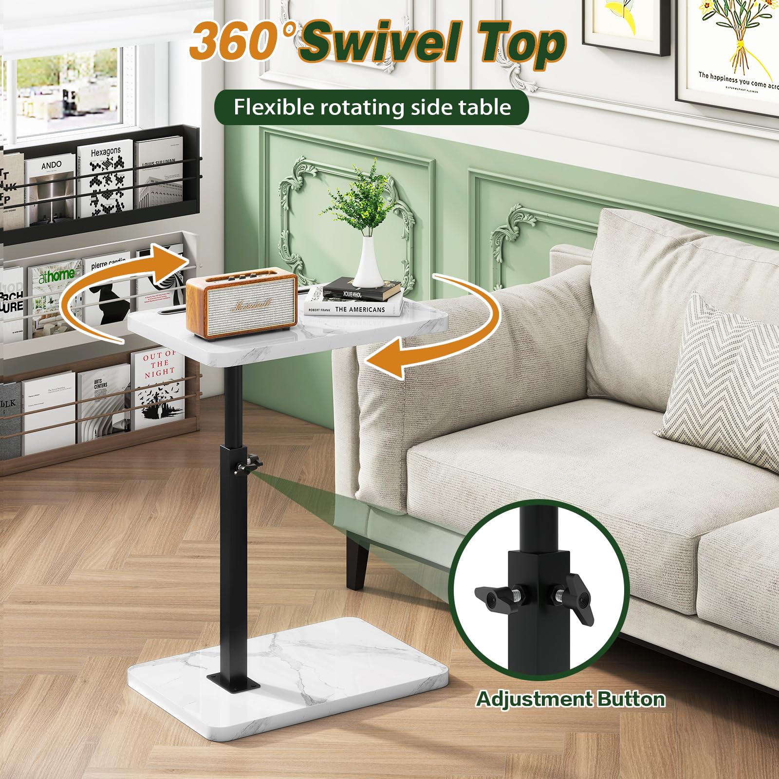 IBUYKE C Shaped Side Table,Height Adjustable,White with Black TVT003BW