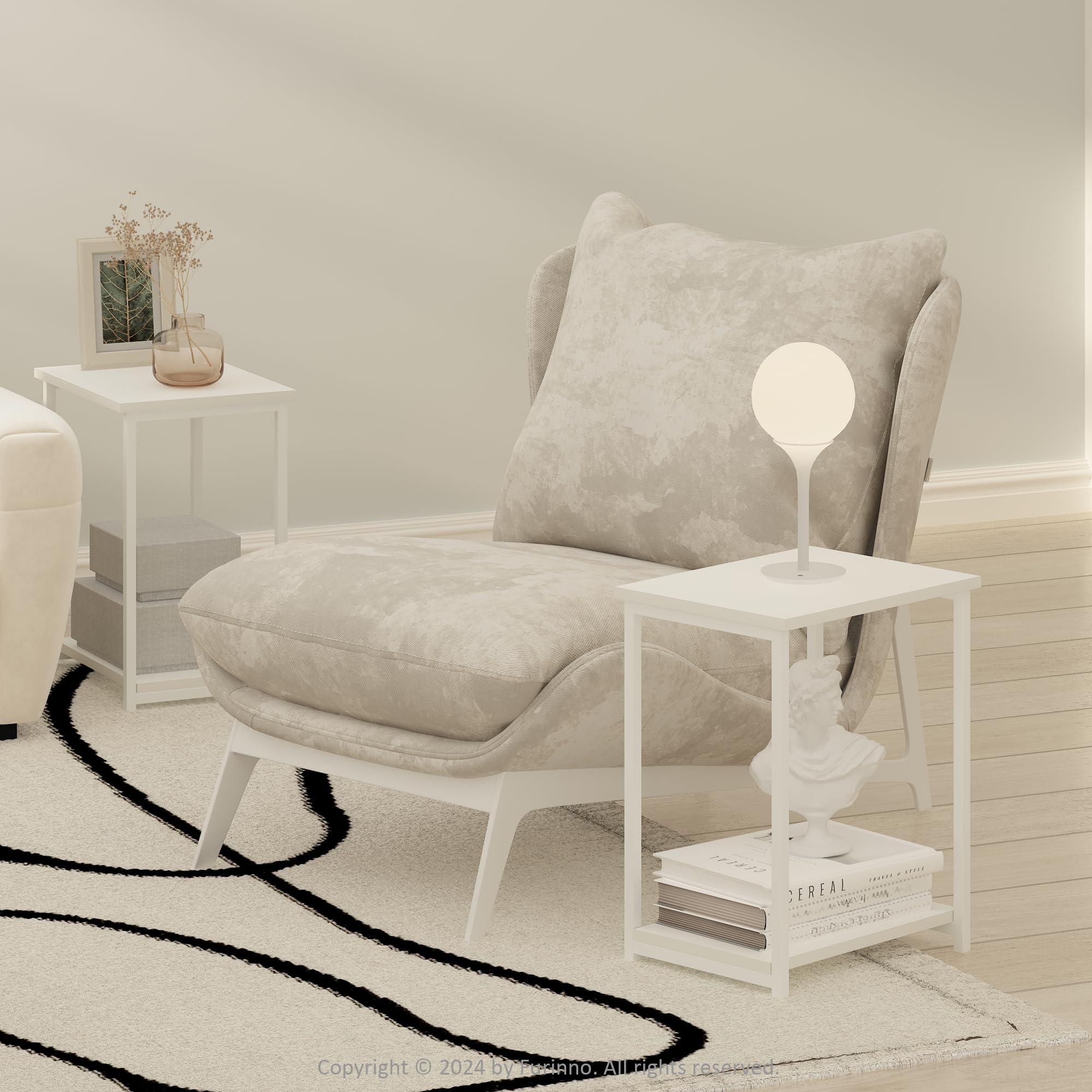 Furinno SIMPLISTIC Side Table Set of 2, 2-Tier Metal Frame End Table with Open Shelf, Night Stand, Bedside Table, for Living Room, Bedroom, White