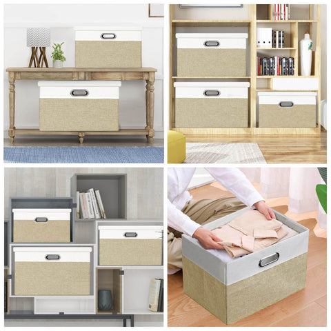 Febzoce Storage Boxes with Lids, Storage Baskets for Shelves Foldable Fabric Storage Bins Organizer for Home and Office Light Brown and White Medium