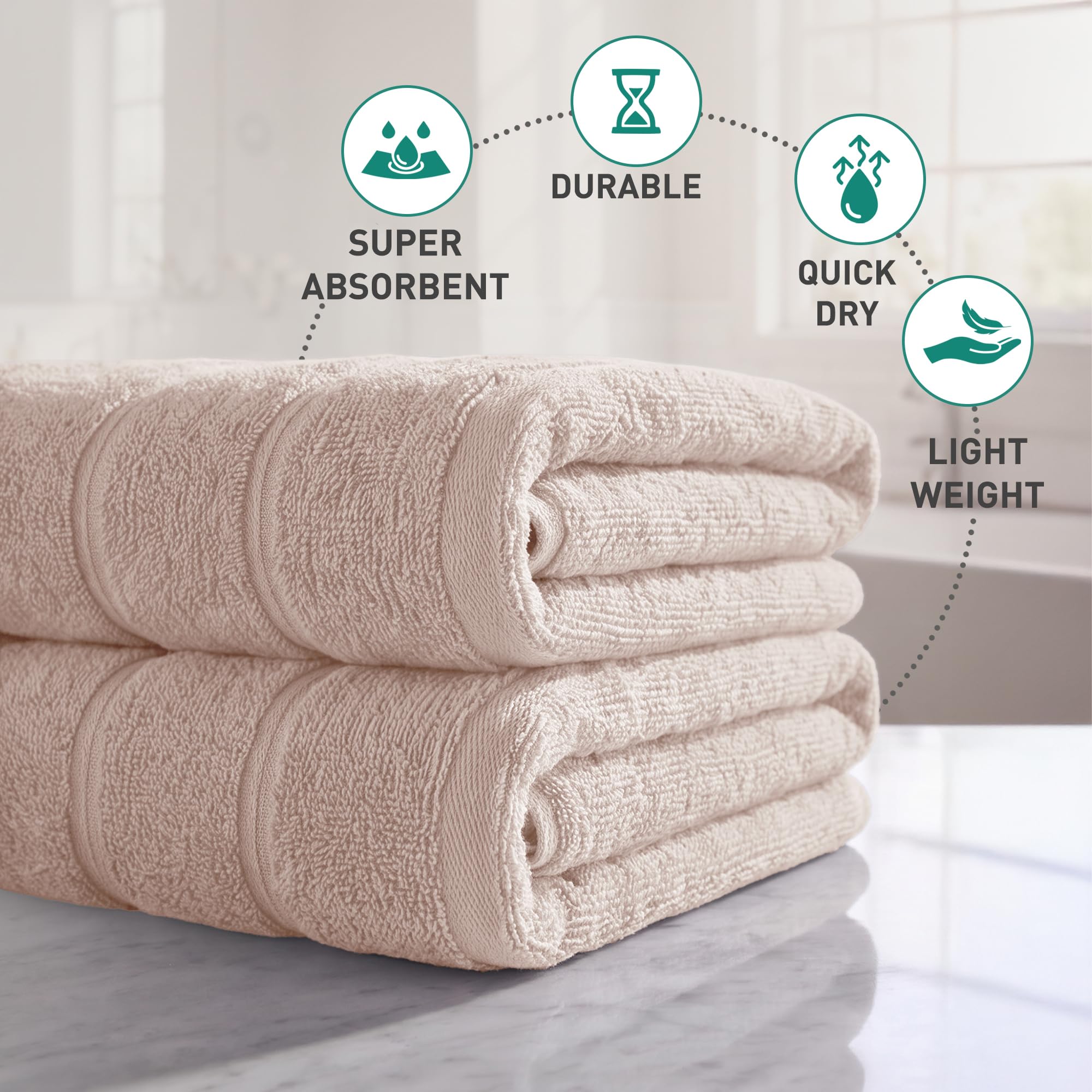 Large Bath Towels Set of 2 I 100% Cotton I Bathroom Towels I Beige