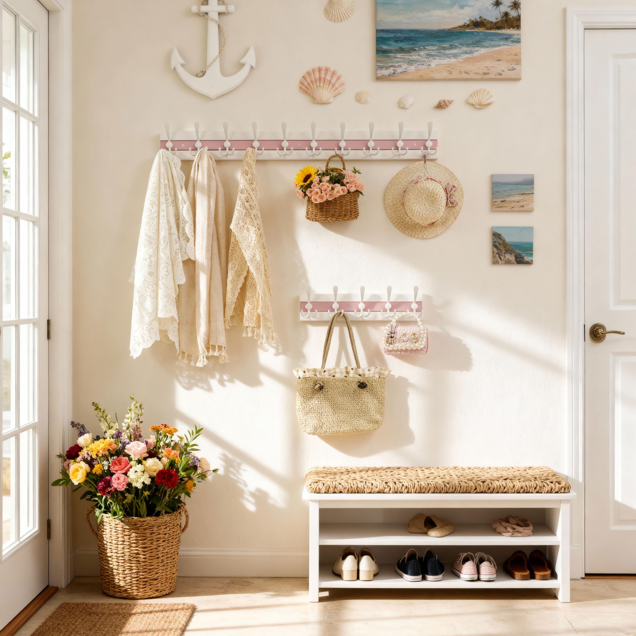 SKOLOO Coastal Wall Mounted Coat Rack - 16-7/8" Beach House Entryway Wooden Coat Hook with 5 Hooks for Hanging Coats, Hats or Towels
