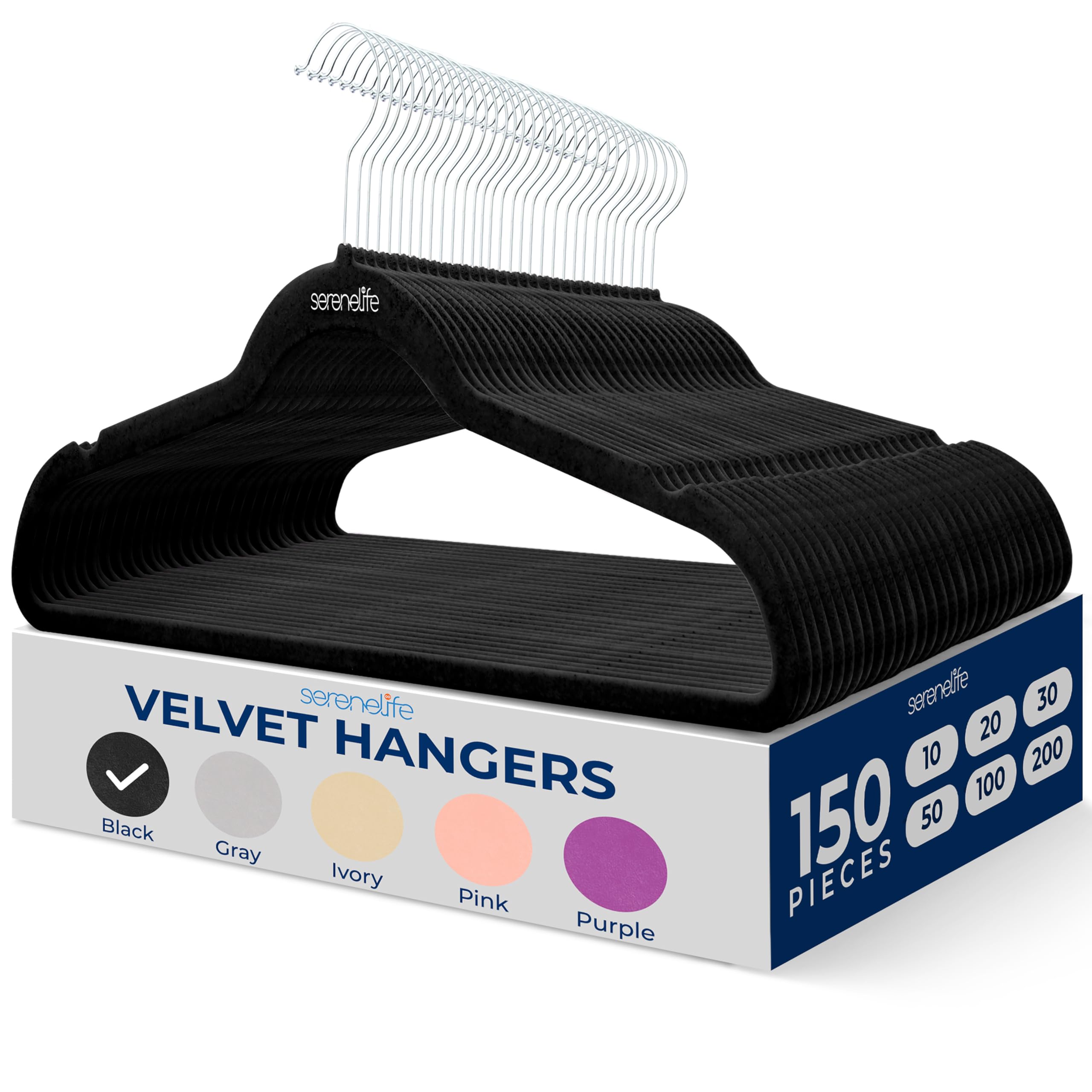 SereneLife Non-Slip Velvet Hangers, Mega Pack, 150 Pieces Hangers for Clothes, Heavy Duty Cloth Hanger Set with 360 Degree Swivel Hook, Black