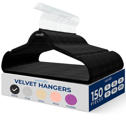 SereneLife Non-Slip Velvet Hangers, Mega Pack, 150 Pieces Hangers for Clothes, Heavy Duty Cloth Hanger Set with 360 Degree Swivel Hook, Black