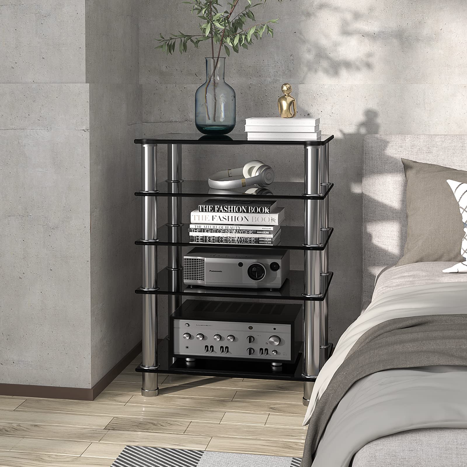 RFIVER HiFi Racks and Stands Audio Rack Cabinet AV Shelf TV Table Stand 5 Tiers Tempered Glass Shelves for Turntable Record Player DVD Stand Audio