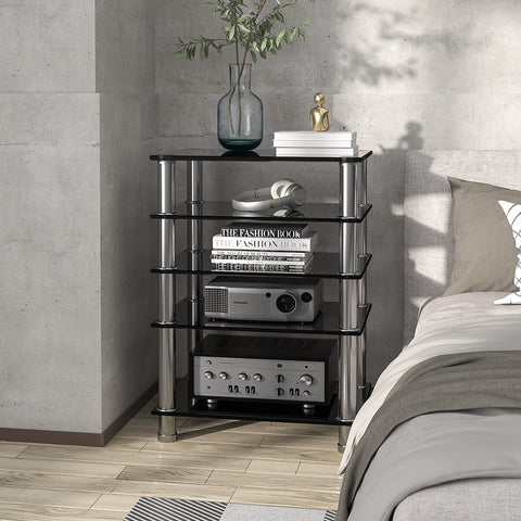 RFIVER HiFi Racks and Stands Audio Rack Cabinet AV Shelf TV Table Stand 5 Tiers Tempered Glass Shelves for Turntable Record Player DVD Stand Audio