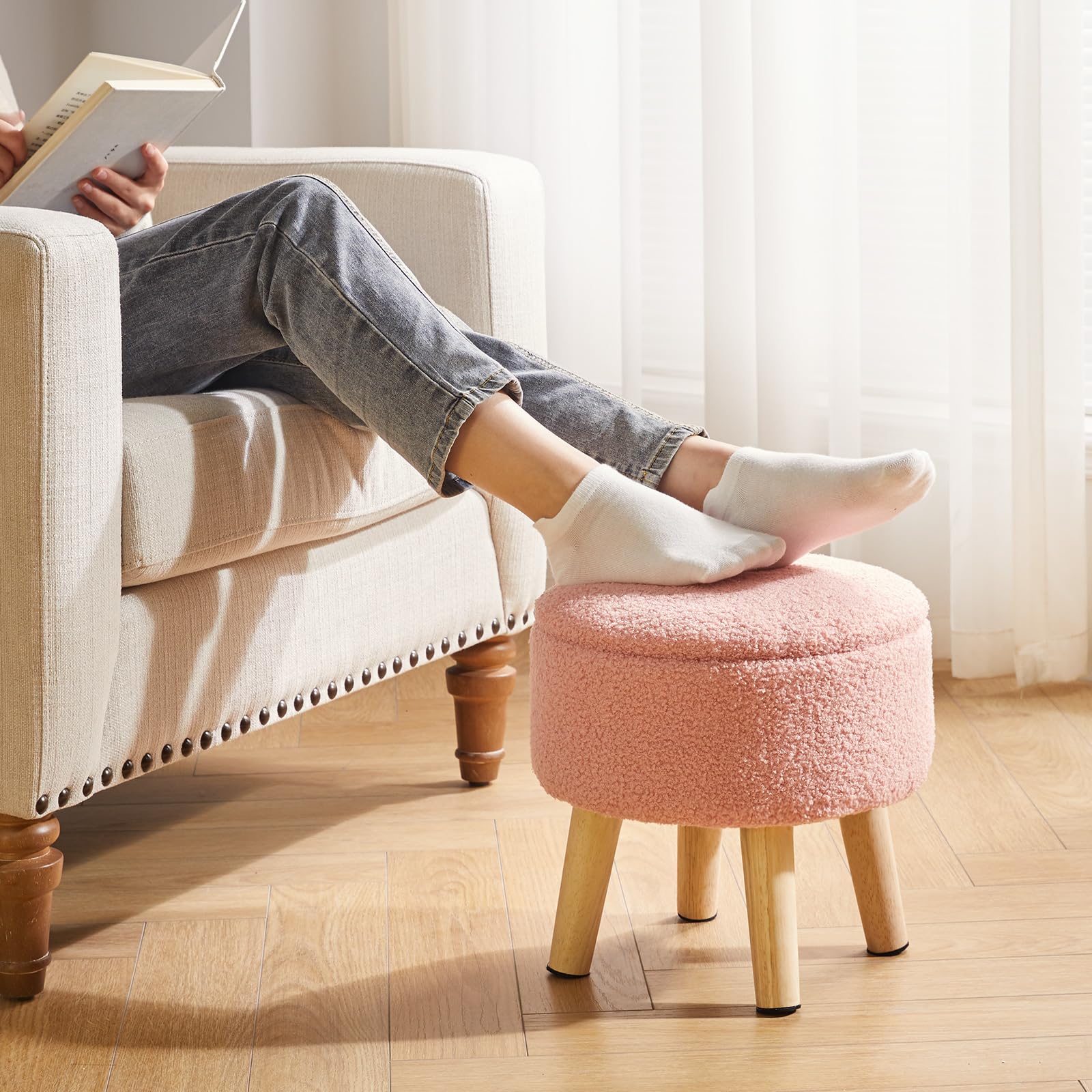 IBUYKE 13 Inch Small Footstool Ottoman with Storage, Round Pouffe Foot Rest with Padded Seat and Wood Legs