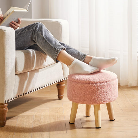 IBUYKE 13 Inch Small Footstool Ottoman with Storage, Round Pouffe Foot Rest with Padded Seat and Wood Legs
