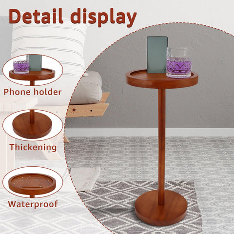 Solid Wood Pedestal Side Table, Small Round Coffee Table with Phone Holder & Weighted Base,21.65 Inch Enduring End Table Snack Desk for Small Spaces