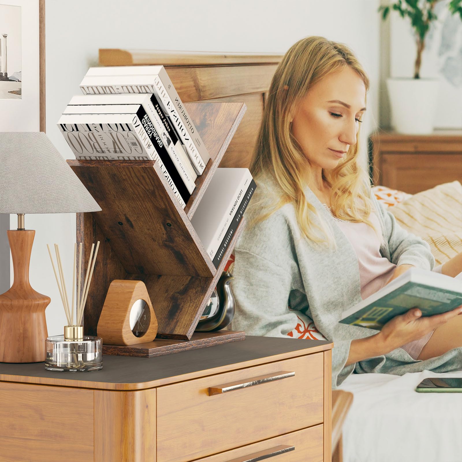 YMYNY 2 Tier Tree Bookshelf, Small Bookcase, Modern Wood Book Storage Rack Organizer, Freestanding Book Shelf for Books/Movies/CDs