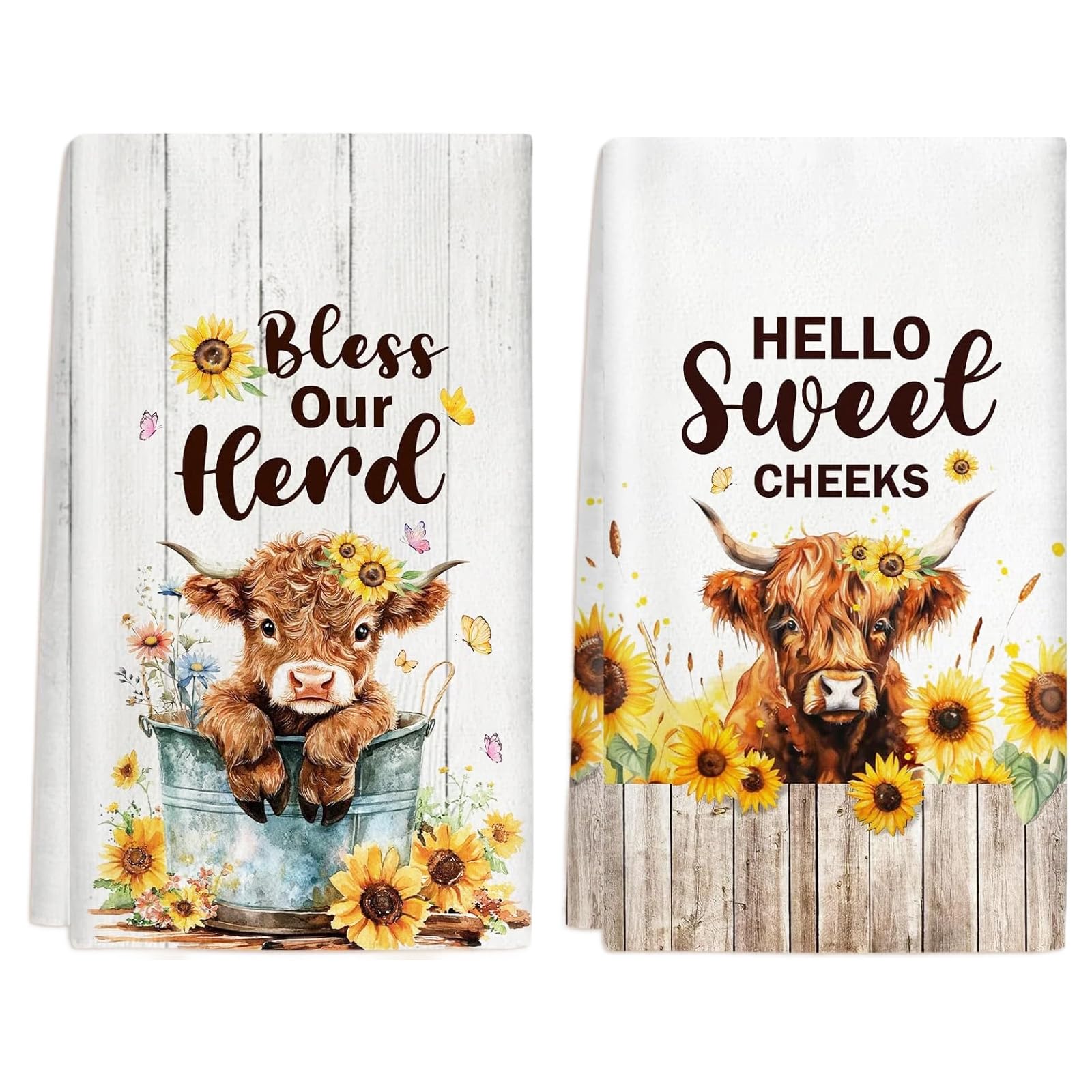 Fakcrkun Highland Cow Gifts, Highland Cow Tea Towel Set of 2, Soft Absorbent Microfiber Kitchen Towel for Kitchen, Home, Gift for Mother's Day
