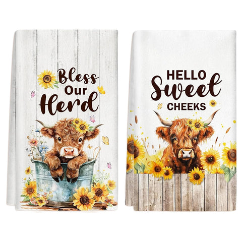 Fakcrkun Highland Cow Gifts, Highland Cow Tea Towel Set of 2, Soft Absorbent Microfiber Kitchen Towel for Kitchen, Home, Gift for Mother's Day