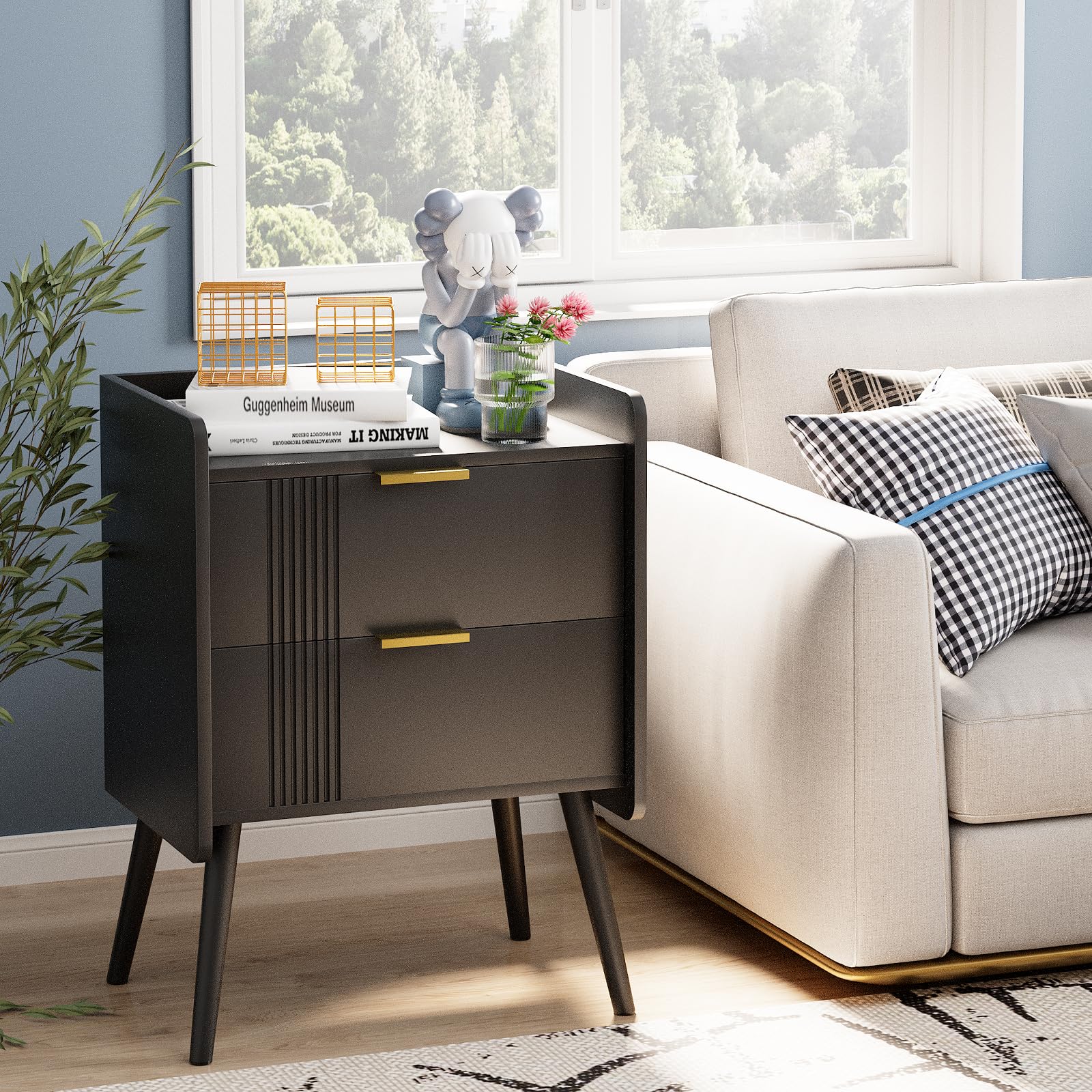 Garden 4 you Bedside Table, Nightstand, Bed Side Table with Wood Decorated Drawers, Modern Bedside Cabinet, Bedroom End Table with Storage