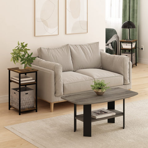 Furinno JUST Side Table Set of 2, 3-Tier Metal Frame End Table with Open Shelf, Night Stand, Bedside Table, for Living Room, Bedroom, Amber Pine