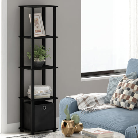 Furinno TURN-N-TUBE Book Shelf, 5-Tier Square Open Frame Display Shelf, Corner Storage Shelves with Storage Bin, Shelving Unit