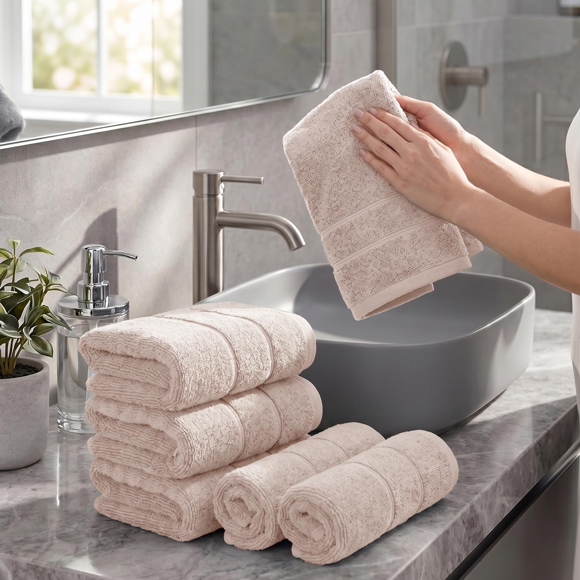 Hand Towels Set of 6 Quick Dry |100% Cotton I Zero Twist | OEKO-TEX | Beige