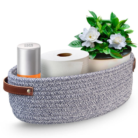 AmapleL Toilet Tank Topper, Small Cotton Rope Woven Storage Basket, Toilet Paper Holder with Handles, 13"x5.9"x4" Blue