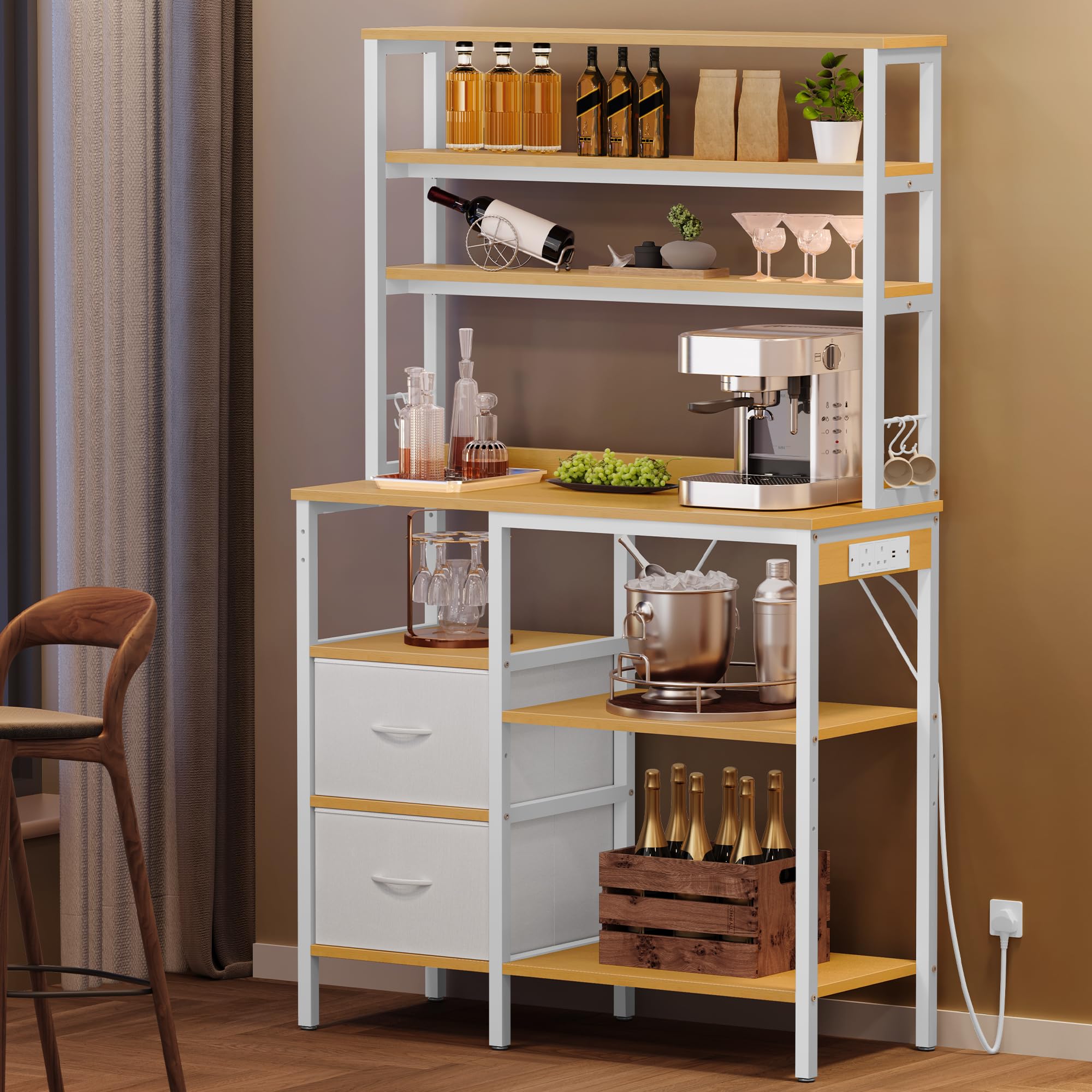 YITAHOME Bakers rack with power outlet, 2 AC outlets 2 USB ports, Coffee Bar station, Baker's Rack with 2 Drawers and 4 Hooks, microwave shelf