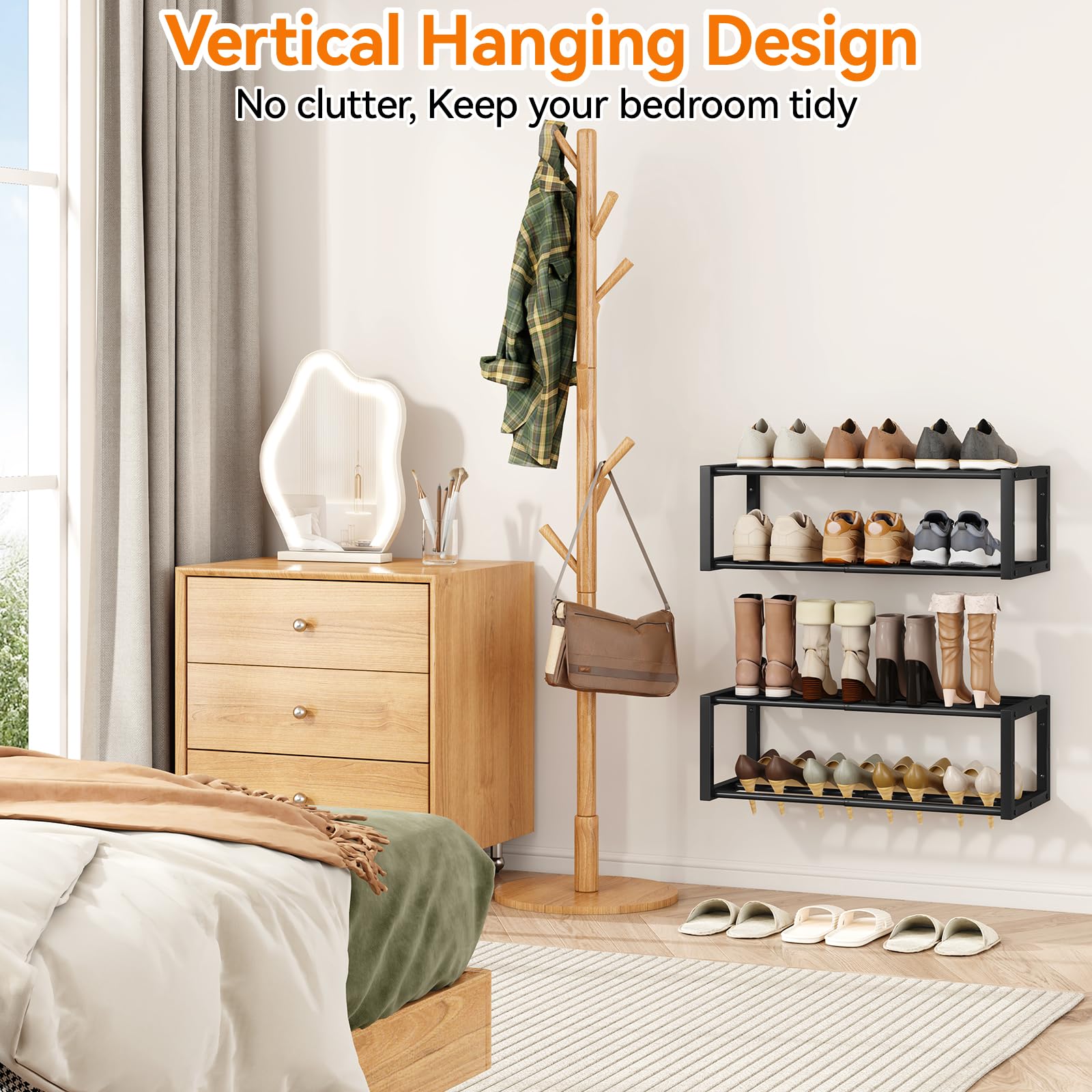IBUYKE 2 Pack Wall Mounted Shoe Rack, 41-73 cm Expandable Hanging Shoe Organizer for 12-16 Pairs