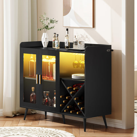 YITAHOME Bar Cabinet with Adjustable LED Lights, Coffee Bar with Wine Rack & Hooks & Acrylic Door Cabinet