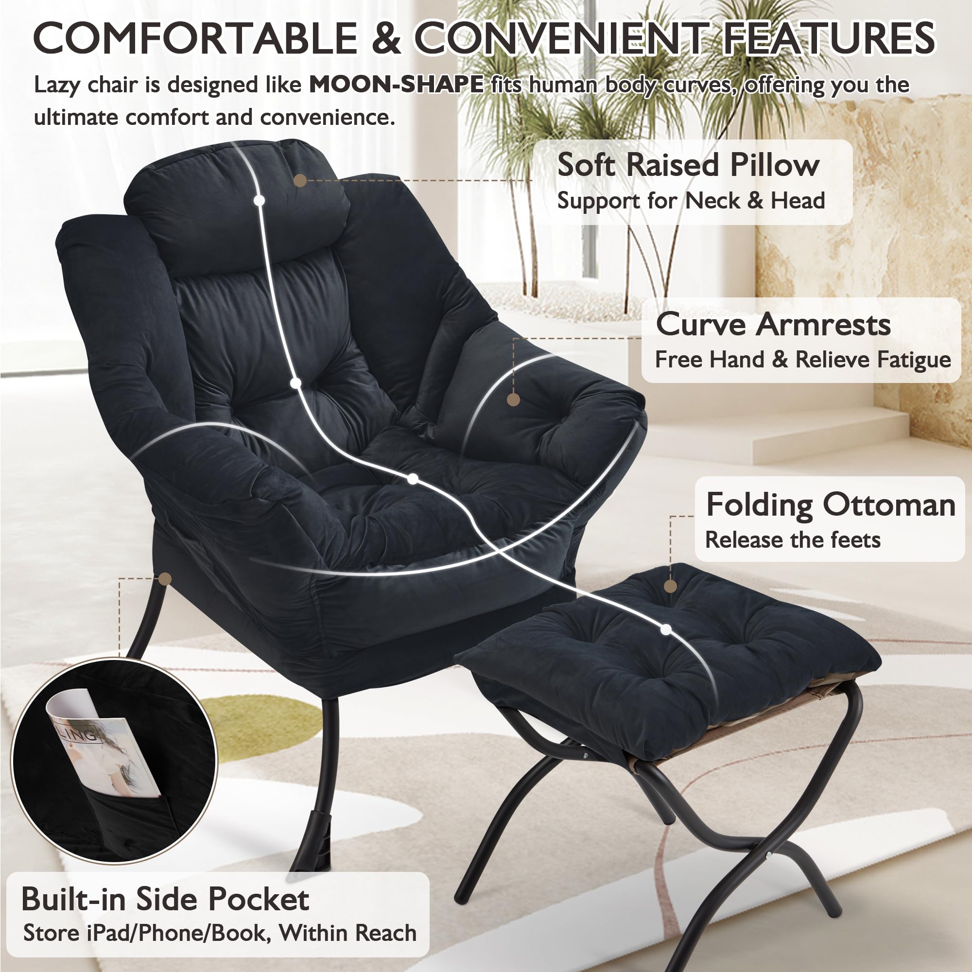 Buymoth Armchair Living Room Comfy Armchair Reading Chair with Footstool Lazy Accent Chairs Bedroom Cuddle Chairs
