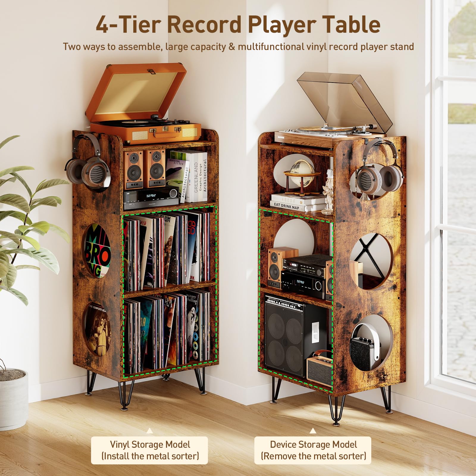 ikkle Record Player Stand, 4 Tier Vinyl Storage Cabinet with Hollow Design