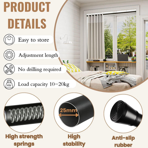 Tension Rod Shower Curtain Pole No Drilling Spring Loaded Tension Rods Adjustable Curtain Pole Extendable Wardrobe Pole For Clothes White 83-190Cm