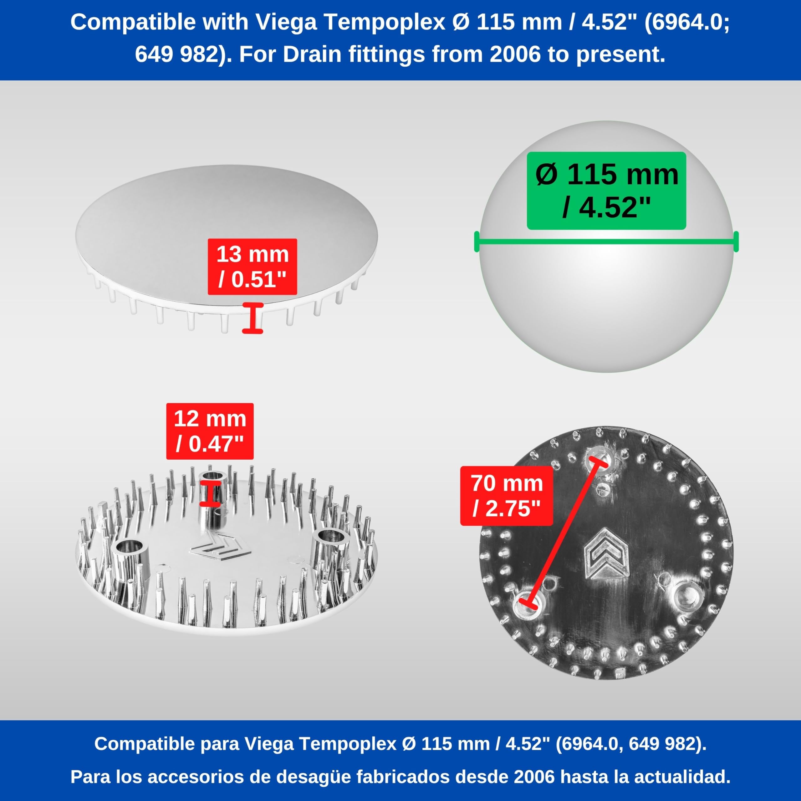 Cover for shower drain, Ø 115 mm, compatible with Viega Tempoplex drain set from model year 2006, suitable for model 6964.0, for drain hole Ø 90 mm