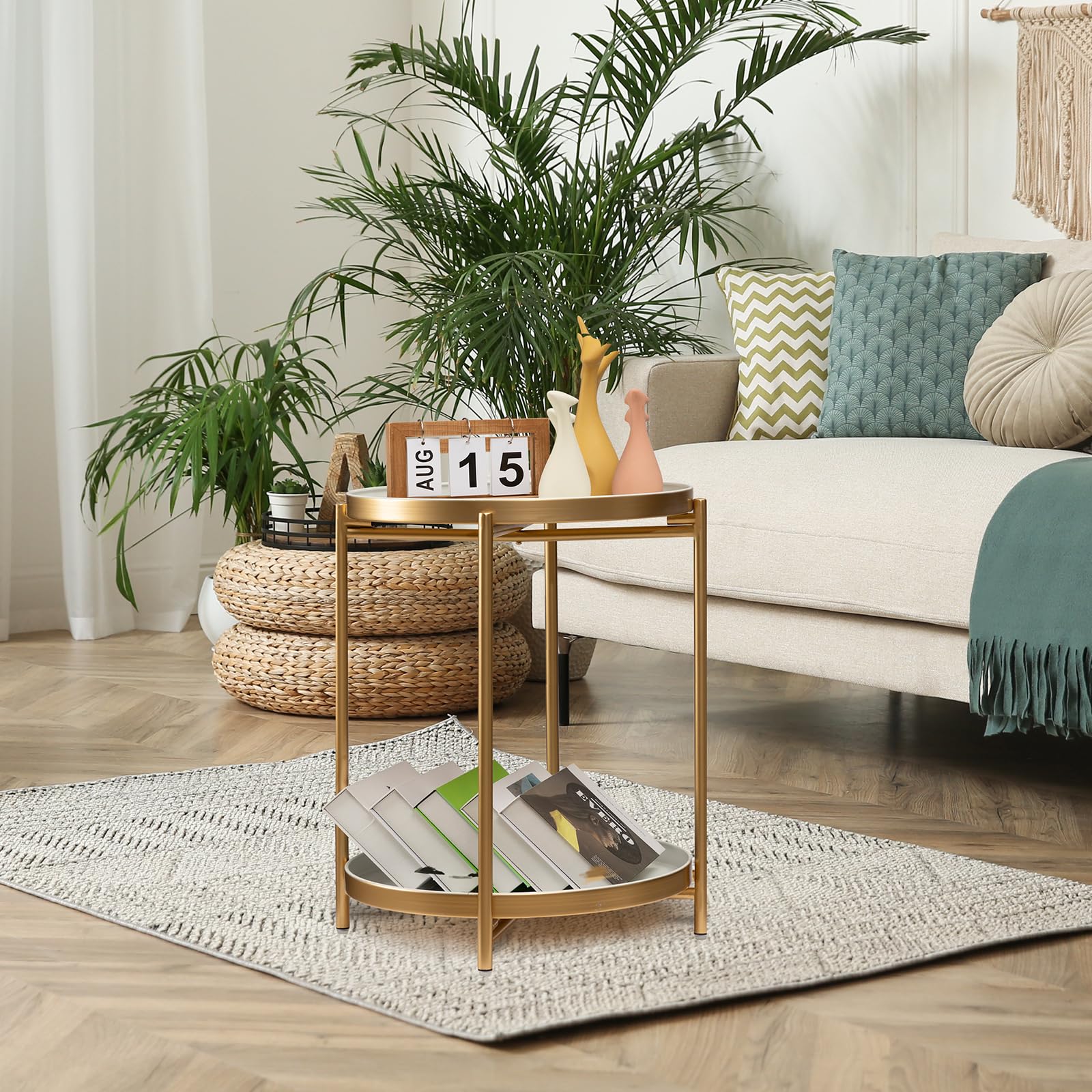 danpinera 2-Tier Gold Side Table, Round End Table, Small Gold Table with Removable Tray, Metal Folding Accent Living Room