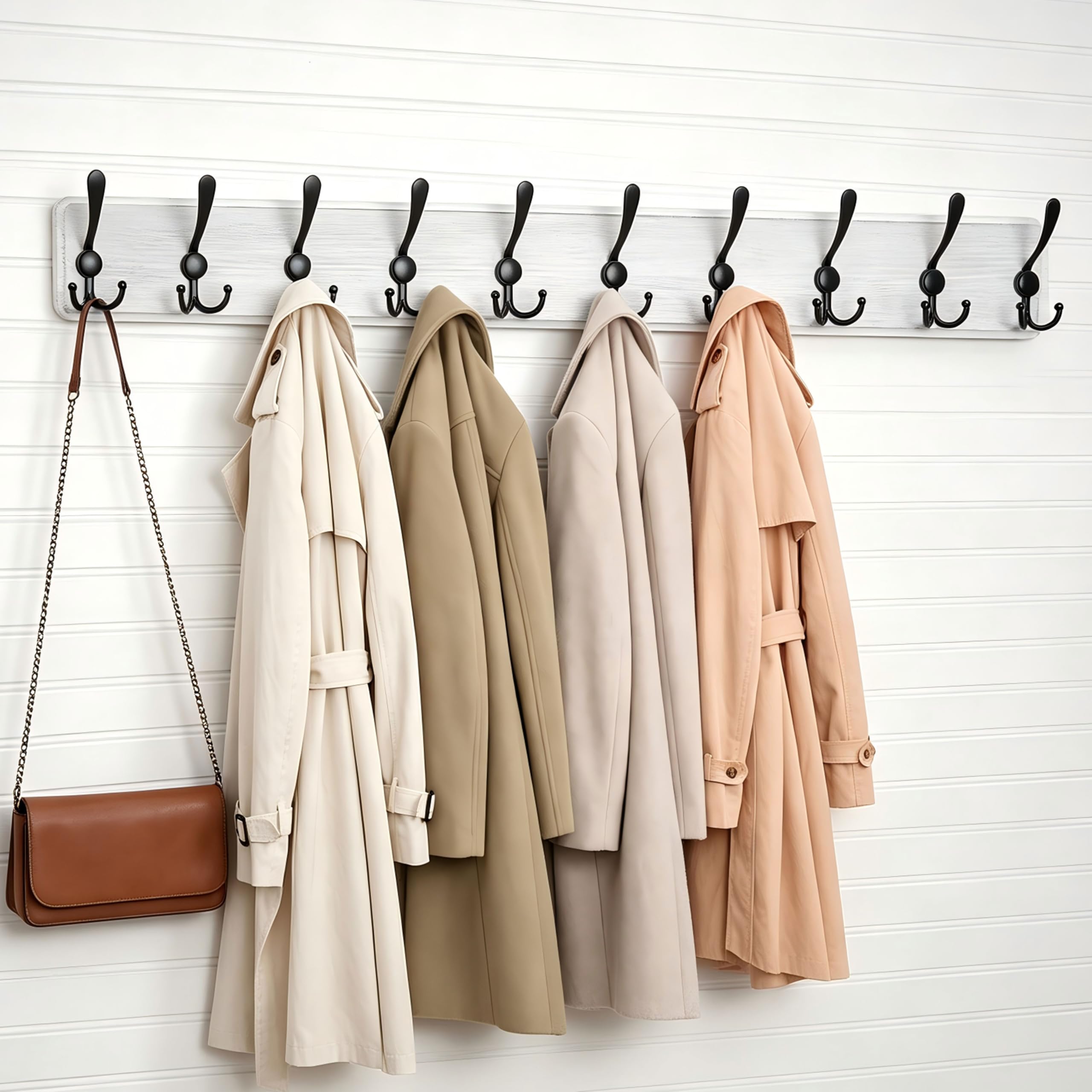 WEBI Coat Rack Wall Mounted,98cm Long,10 Hooks,Wood Coat Hooks Wall Mounted,Coat Hanger Wall,Hook Rack Rail,Triple Hooks for Hanging