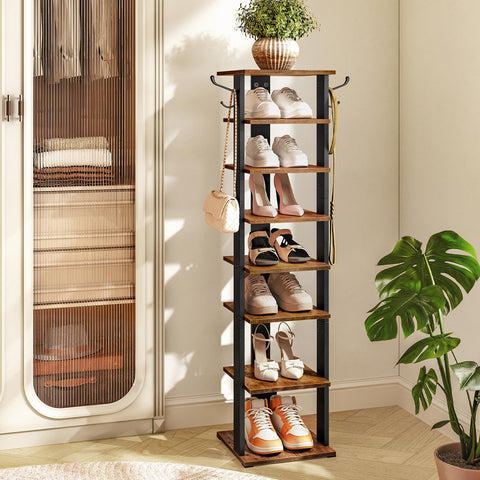 HOOBRO Shoe Rack Wooden, Tall Shoe Rack, Narrow Shoe Storage Organizer with 2 Hooks, Slim Narrow Shelf, Vertical Tower for Entrance, Living Room