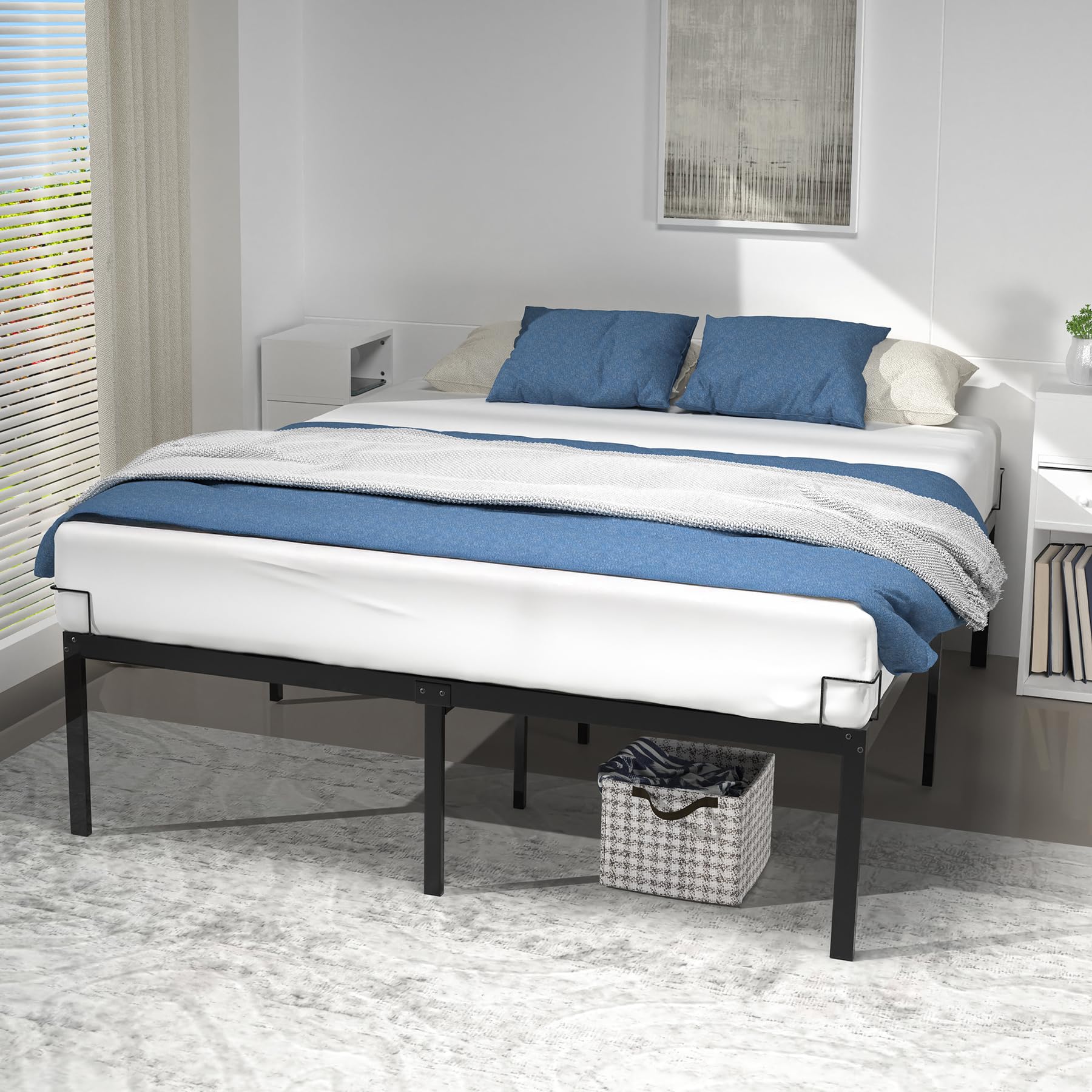 VOUNOT King Size Bed Frame 150 x 200 cm - Sturdy Metal Bed Frame with Steel Slat Support - 36cm Height Storage Space Under the Bed - Black