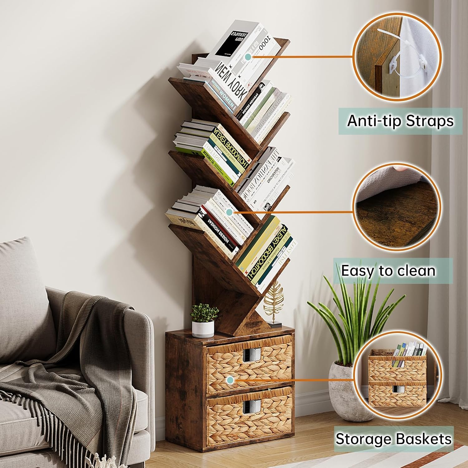 Vagusicc 6 Tier Tree Bookshelf, Modern Floor Standing Bookcase with Storage Drawer, Space Saving Storage Organizer Book Shelves for Books
