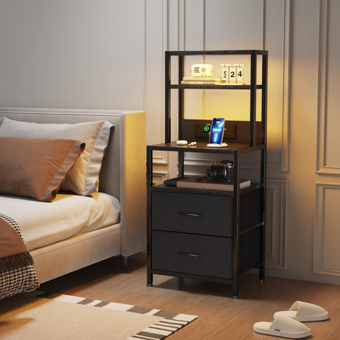 MUTUN Bedside Table with Charging Station and LED Light Strips, Nightstand with Drawers, Bedside Cabinet for Living Room, Bed Side Table for Bedroom