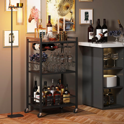 TUTOTAK Drinks Trolley, Bar Cart with 3-Tier Shelf, Serving Trolley with Wine Rack, Glass Holder, Rolling bar cart for the Home, Living Room