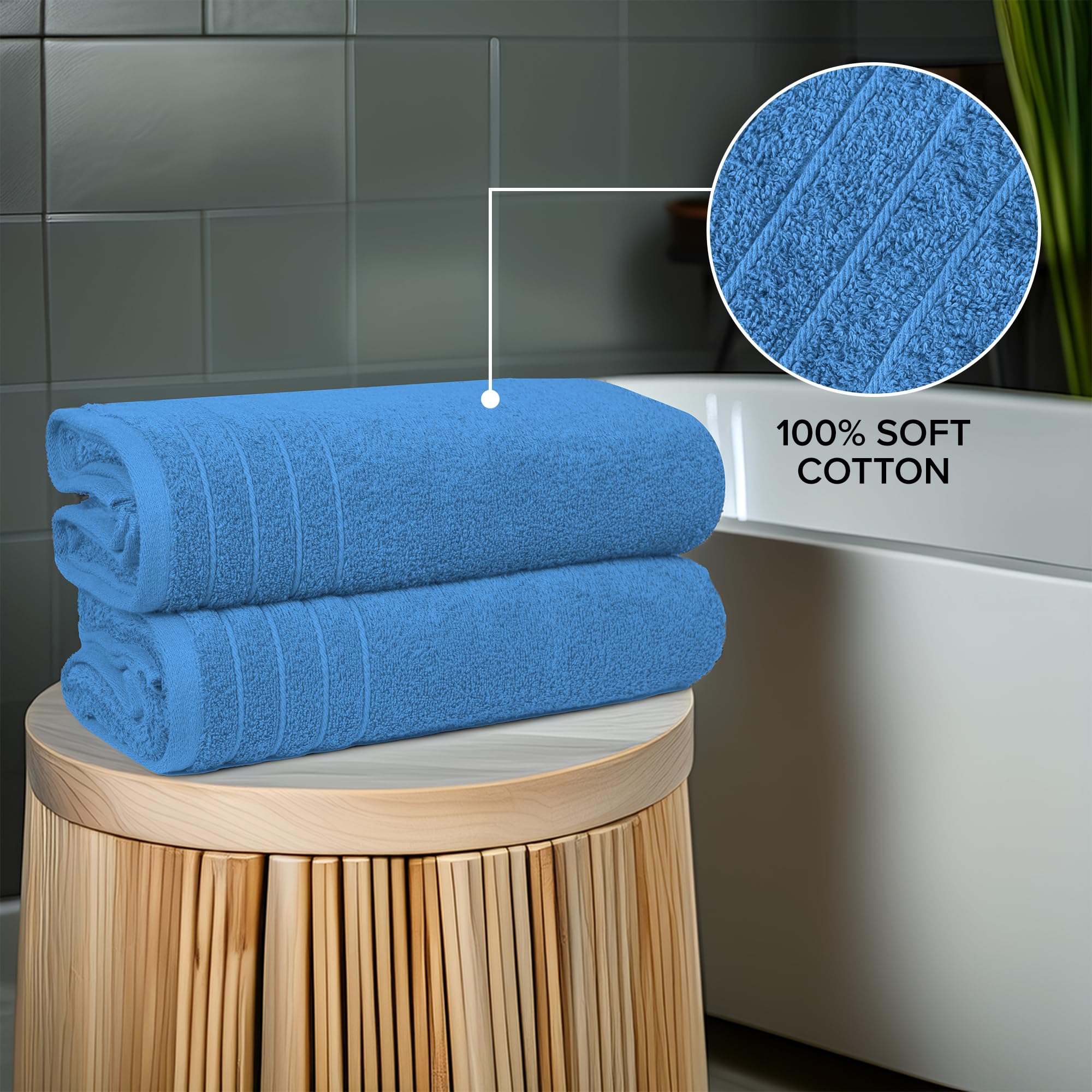 100% Cotton Extra Large Bath Towels Set of 4 (76x152cm) - Medium Blue
