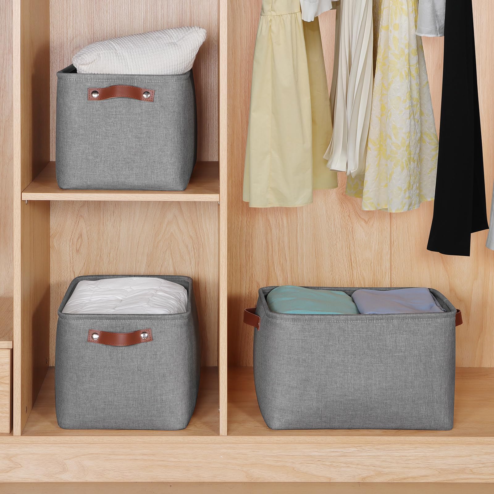 Syeeiex Large Storage Baskets for Shelves with Leather Handle, Foldable 3 Pack Fabric Stoarge baskets for Organizing Home, Toys, Office, Clothes, Grey