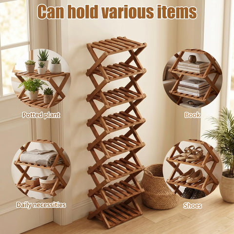Kiss Me Vertical Shoe Rack, Portable Folding Wooden Storage, 8 Tier Brown