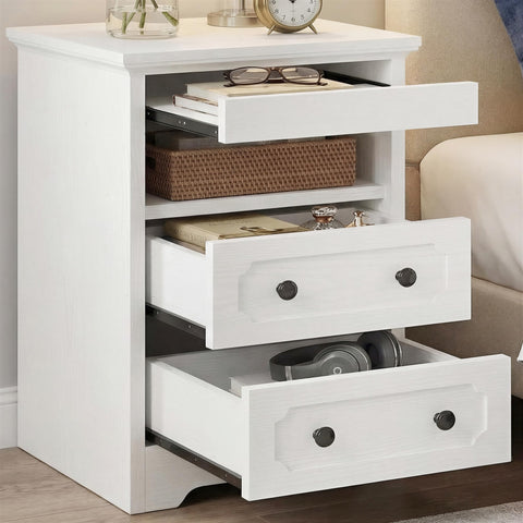 IRONCK Bedside Table Set of 2, Modern Nightstand with 2 Drawers, Open Shelf, End Table with Pull-Out Tray for Bedroom, Living Room, White