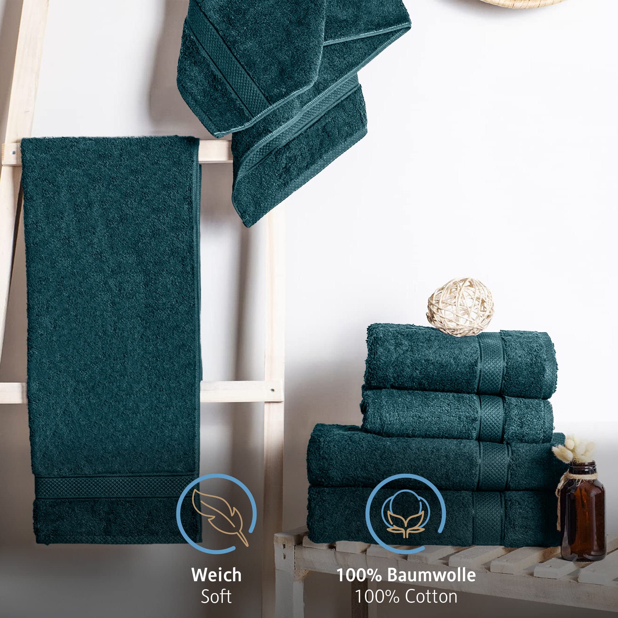 Komfortec Set of 8 Hand Towels 50 x 100 cm 100% Cotton Terry Towelling Soft Petrol