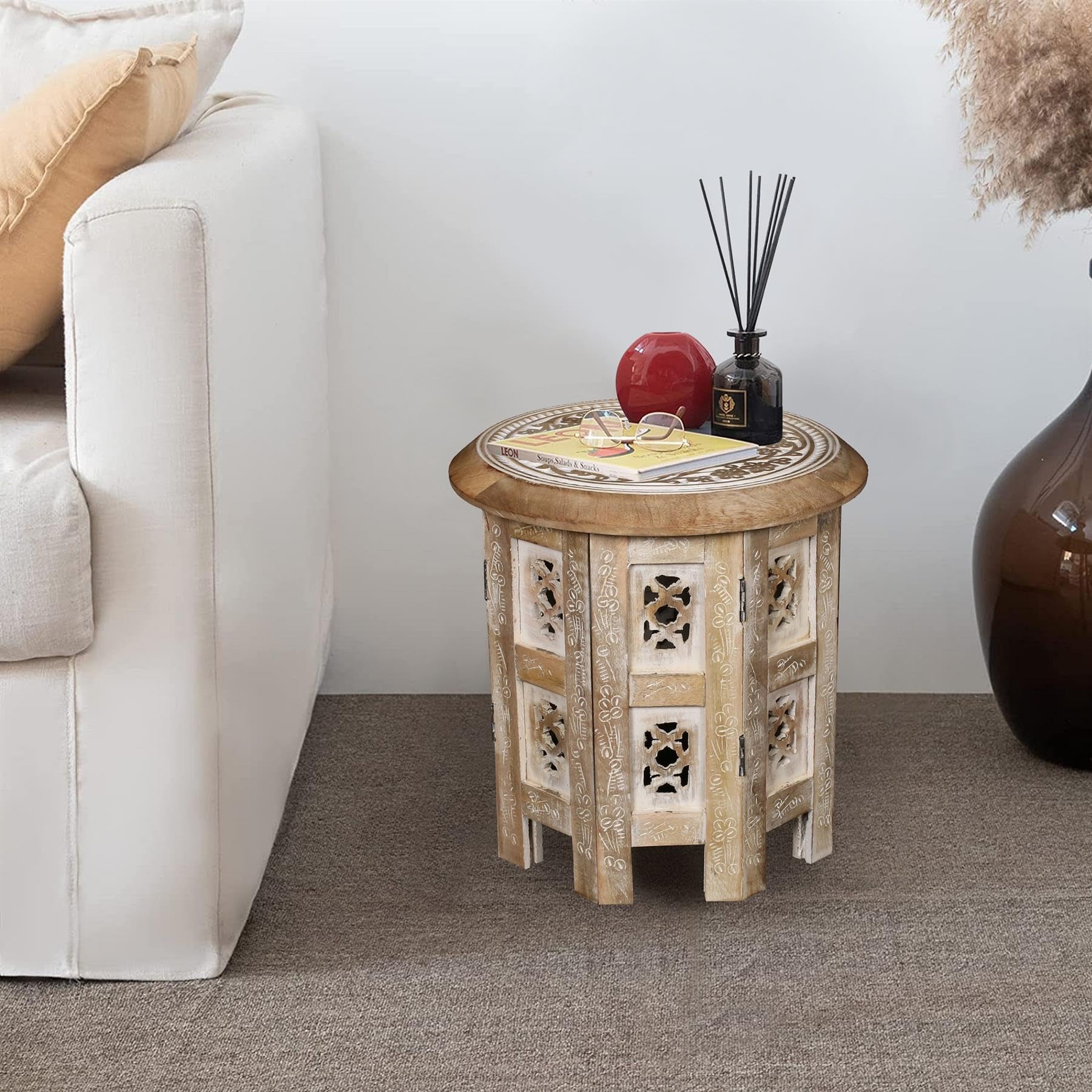 topfurnishing Beautiful Round Hand Carved Indian Shesham Wooden Coffee Table Side Table Beige Small 12"x12"x12" 30.5 cm