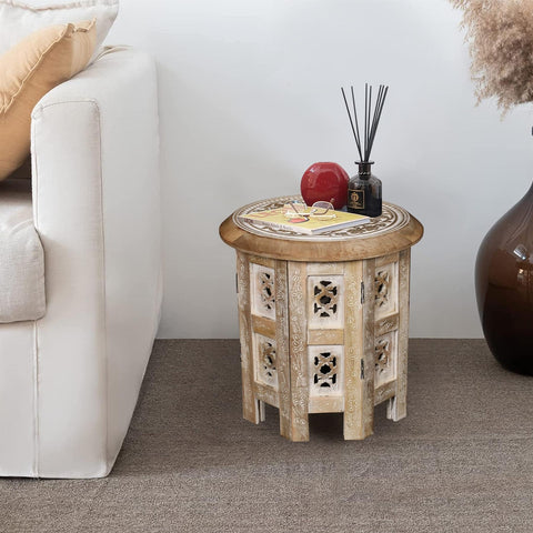 topfurnishing Beautiful Round Hand Carved Indian Shesham Wooden Coffee Table Side Table Beige Small 12"x12"x12" 30.5 cm